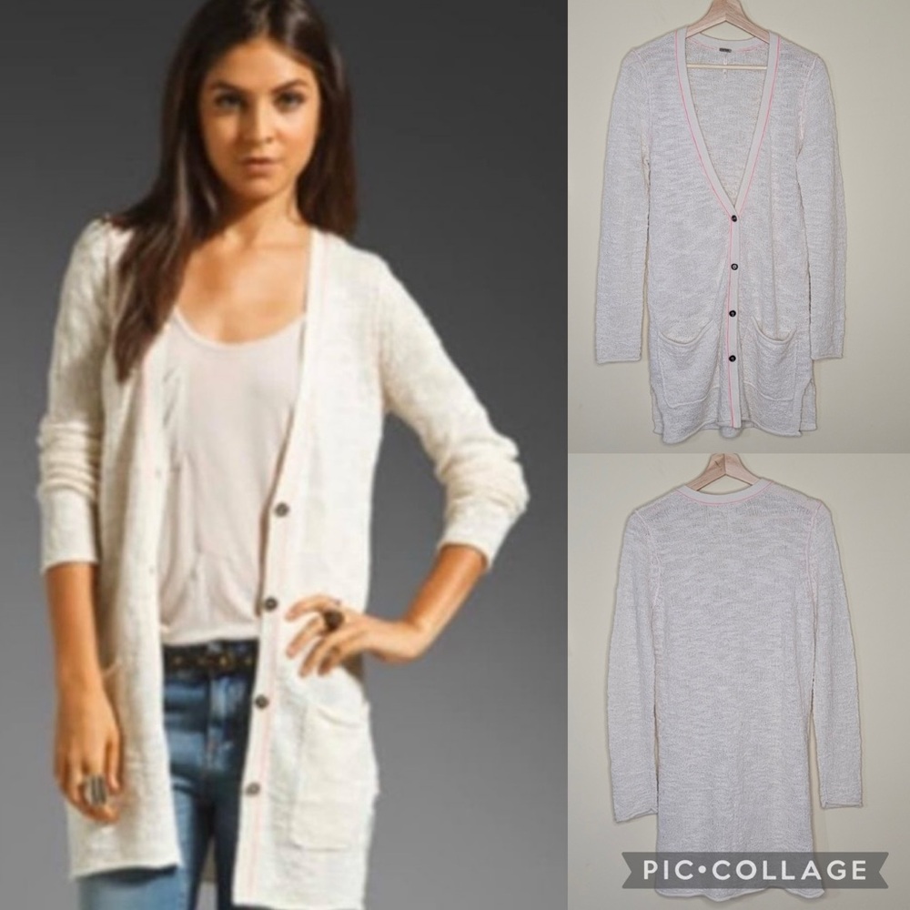 Free People Cream Wool Blend Boulce Neon Pink Stitching Cardi Cardigan Sweater